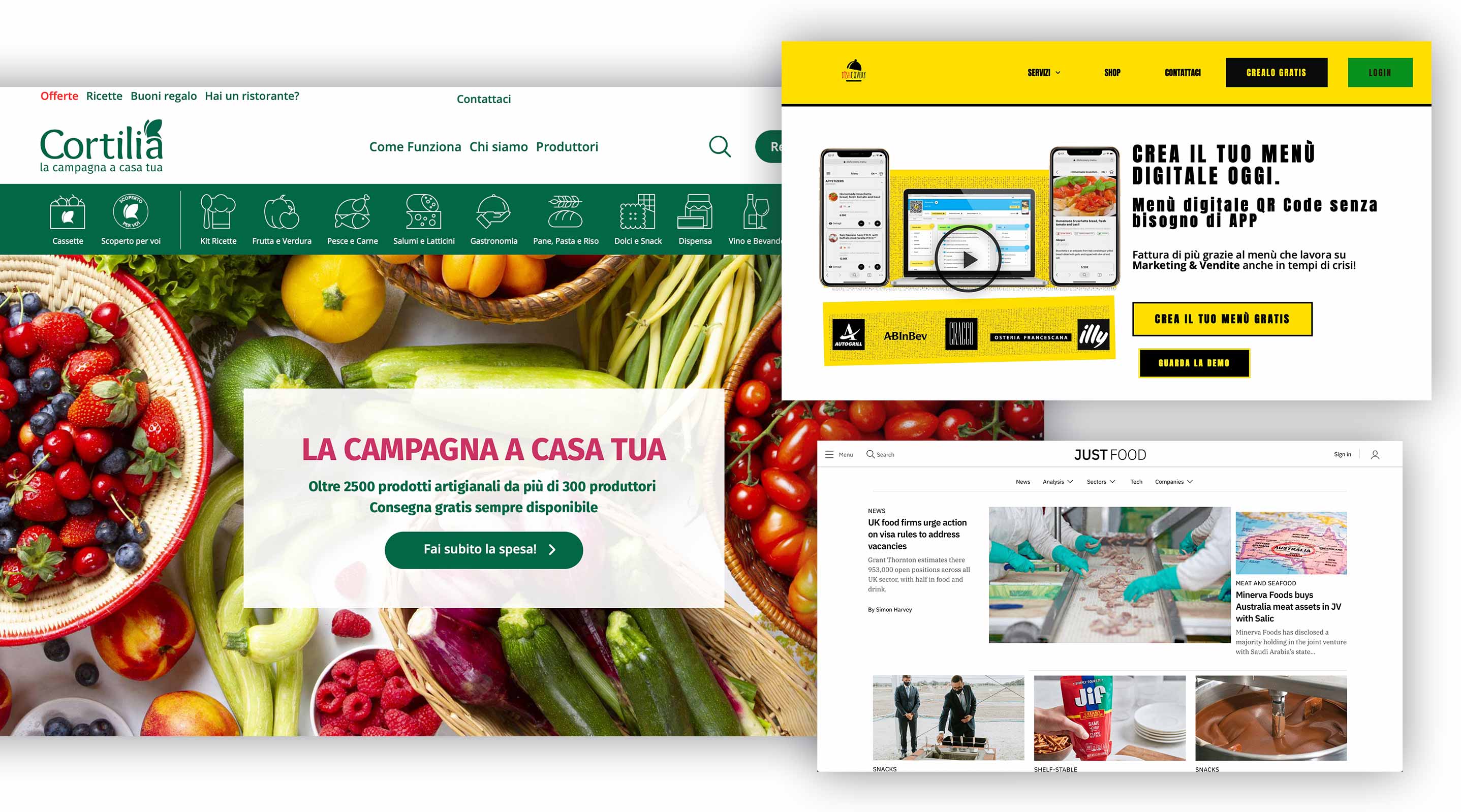 Le home page dei siti di Cortilia, Dishcovery e Just Food