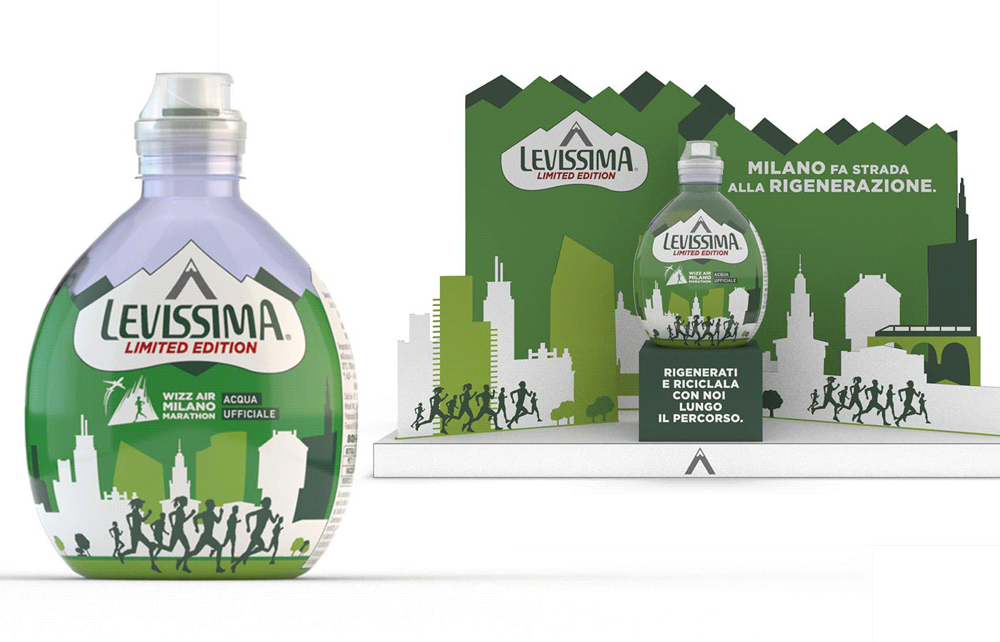 Alcuni dei materiali di comunicazione realizzati da ATC per la Milano Marathon: il packaging della bottiglietta di acqua Levissima in edizione limitata e la mini quinta per darle visibilità lungo il percorso