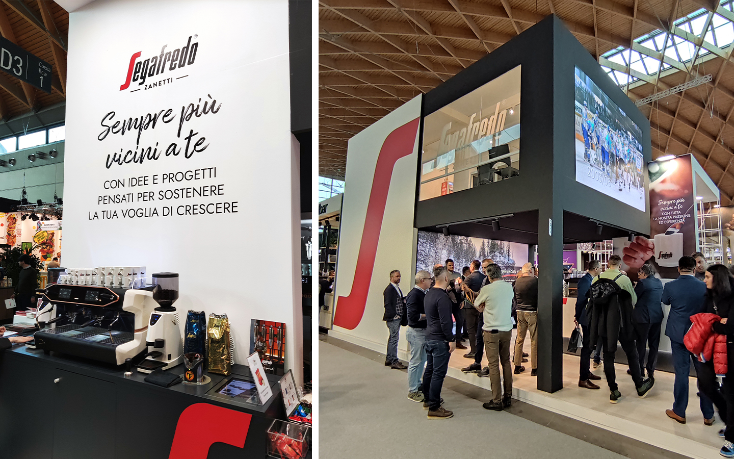 fotografie dello stand di Segafredo al Sigep con grafica a cura di ATC - All Things Communicate