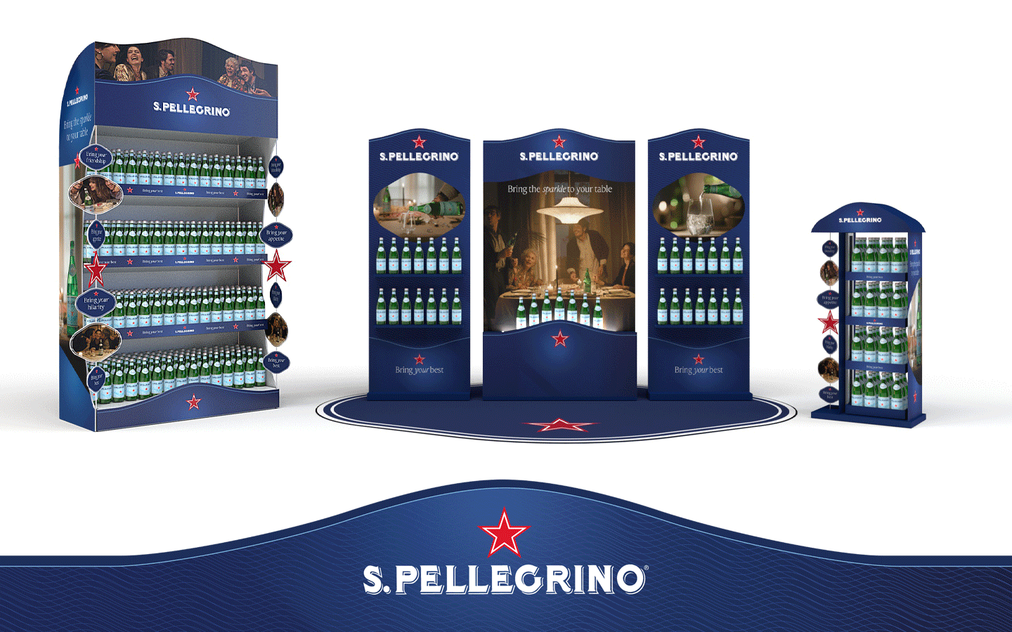Several in-store communication materials by ATC for Sanpellegrino in 2023: bundles, totem, standing display unit, arch, endcap