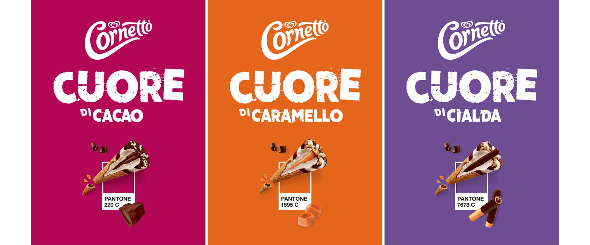 Key visual delle tre varianti Cornetto con sfondi monocromatici e palette dedicate: magenta per cacao, arancione per caramello e viola per cialda.