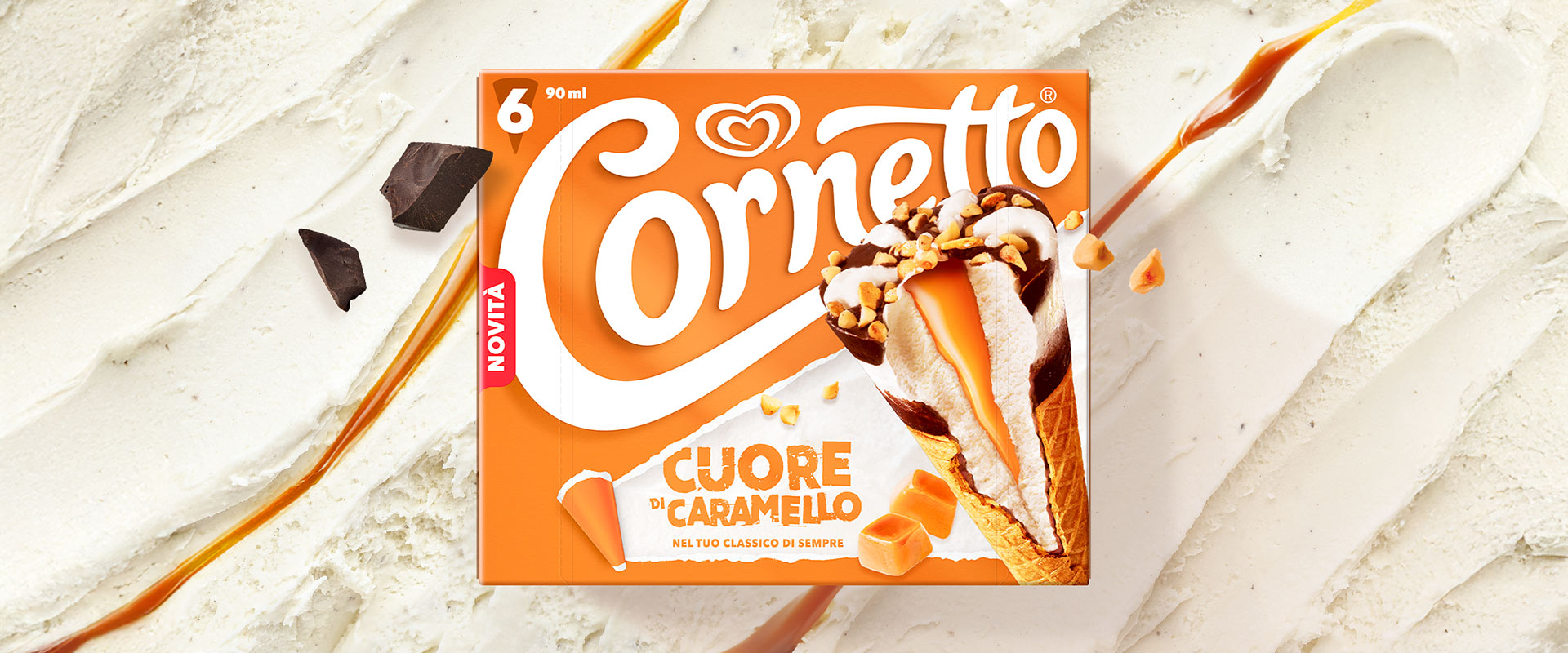 Confezione Cornetto Cuore di Caramello con focus sul prodotto.