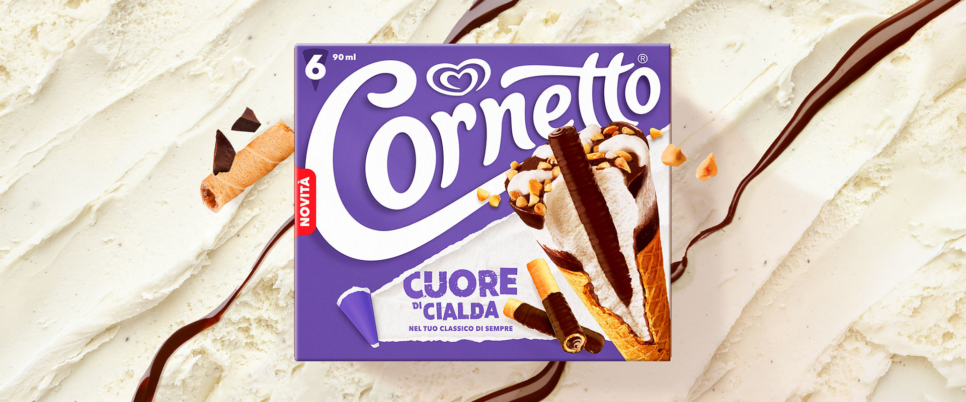 Confezione Cornetto Cuore di Cialda con elementi grafici che richiamano il cioccolato e il visual system 