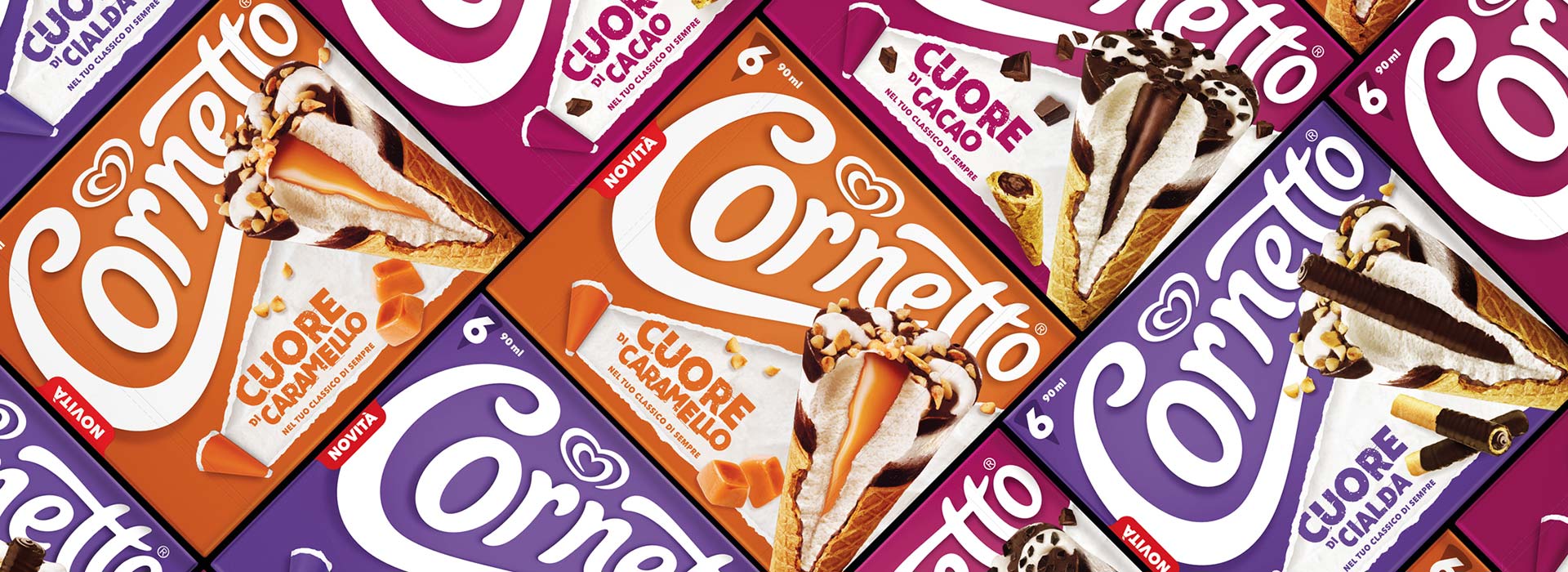 Pattern visivo dei pack Cornetto con le varianti Cuore di Cacao, Cuore di Caramello e Cuore di Cialda, caratterizzato da colori distintivi e re-design