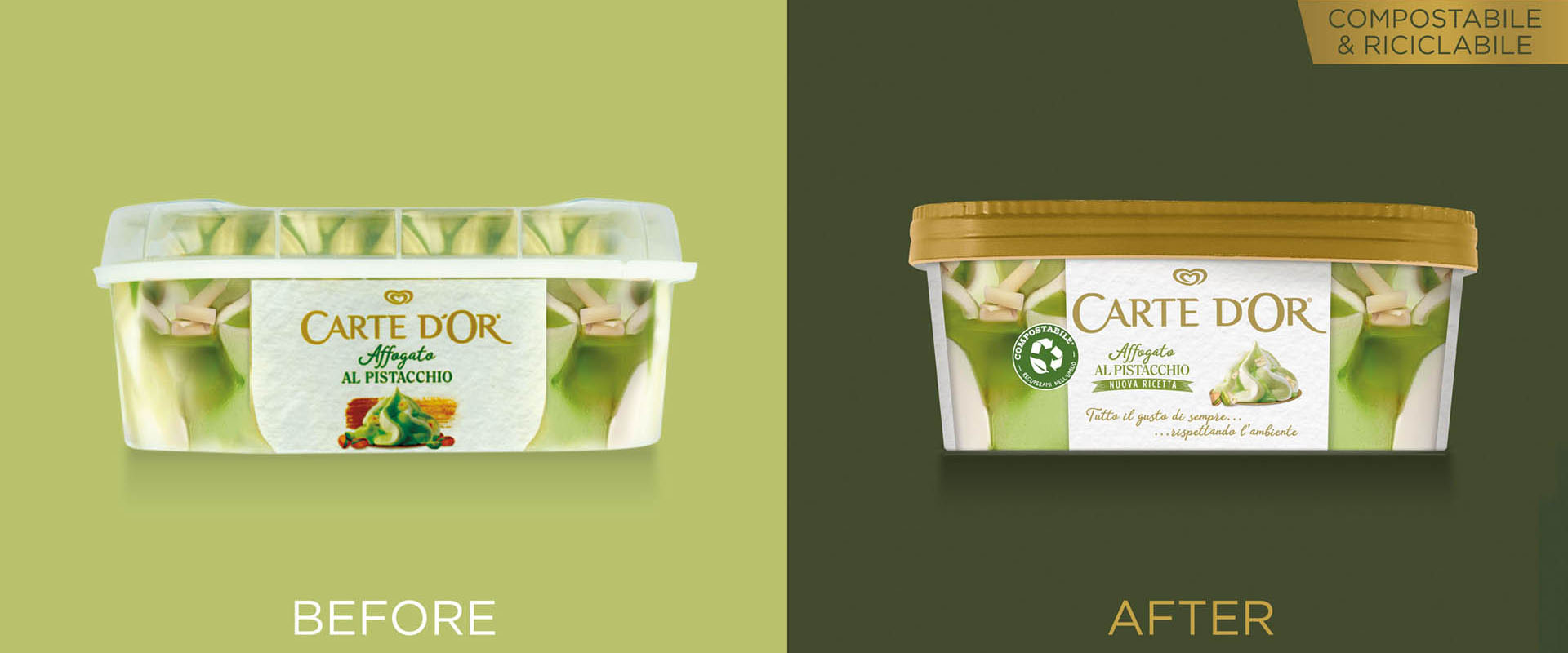 Before e After del packaging design di Reverse Innovation per Carte d'Or Affogati