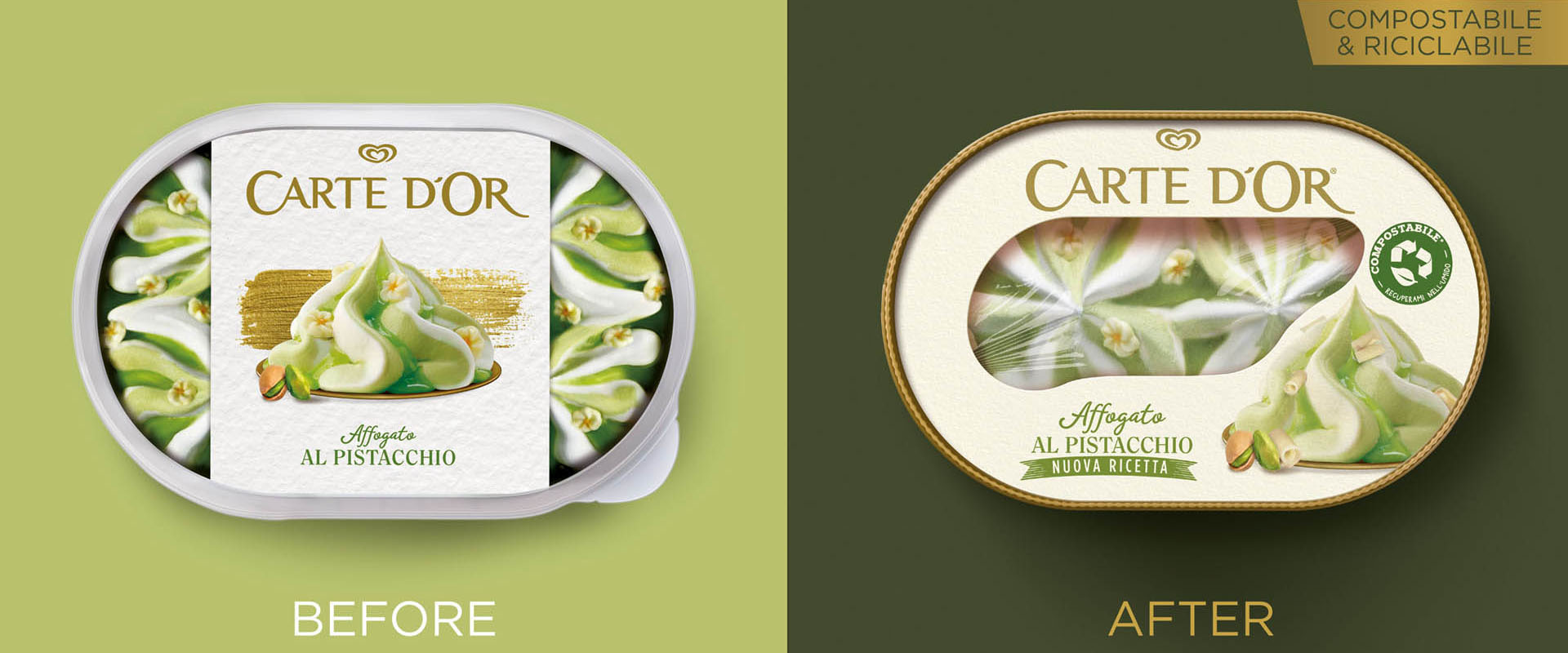Before e After del packaging design di Reverse Innovation per Carte d'Or Affogati
