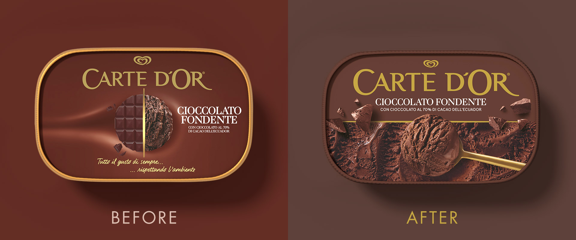 Before e After del packaging design del gusto cioccolato fondente di Reverse Innovation per Carte d'Or 