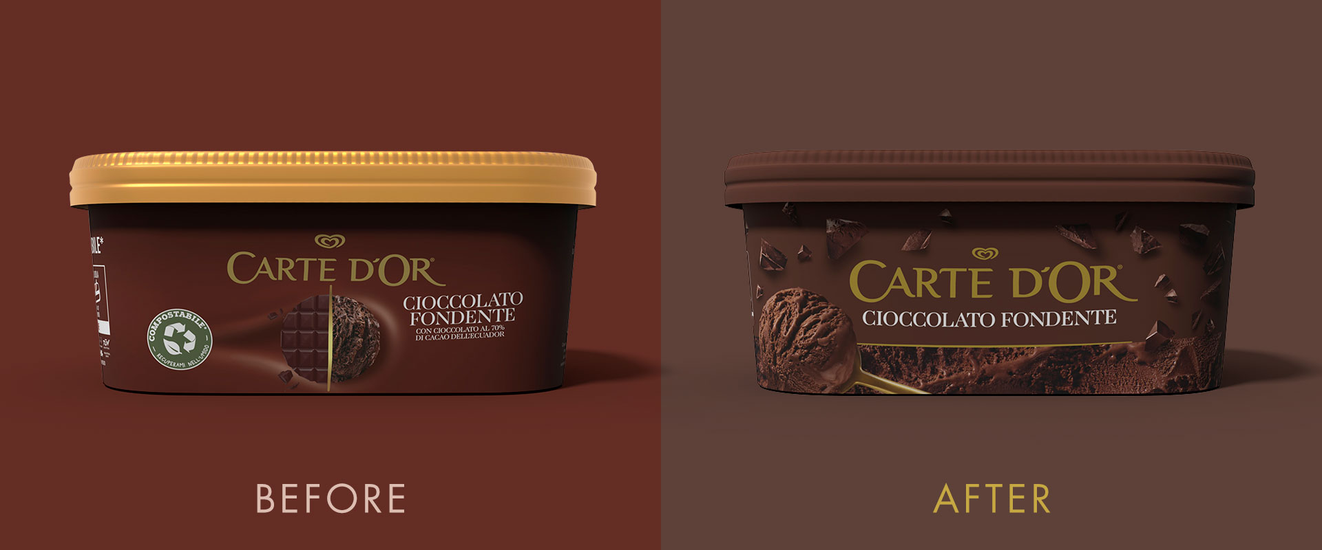 Before e After del packaging design del gusto cioccolato fondente di Reverse Innovation per Carte d'Or 