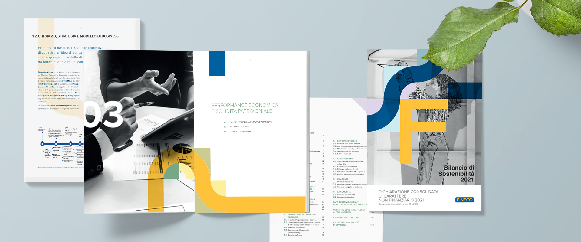 Layout grafico interno del nuovo Bilancio di sostenibilità Fineco