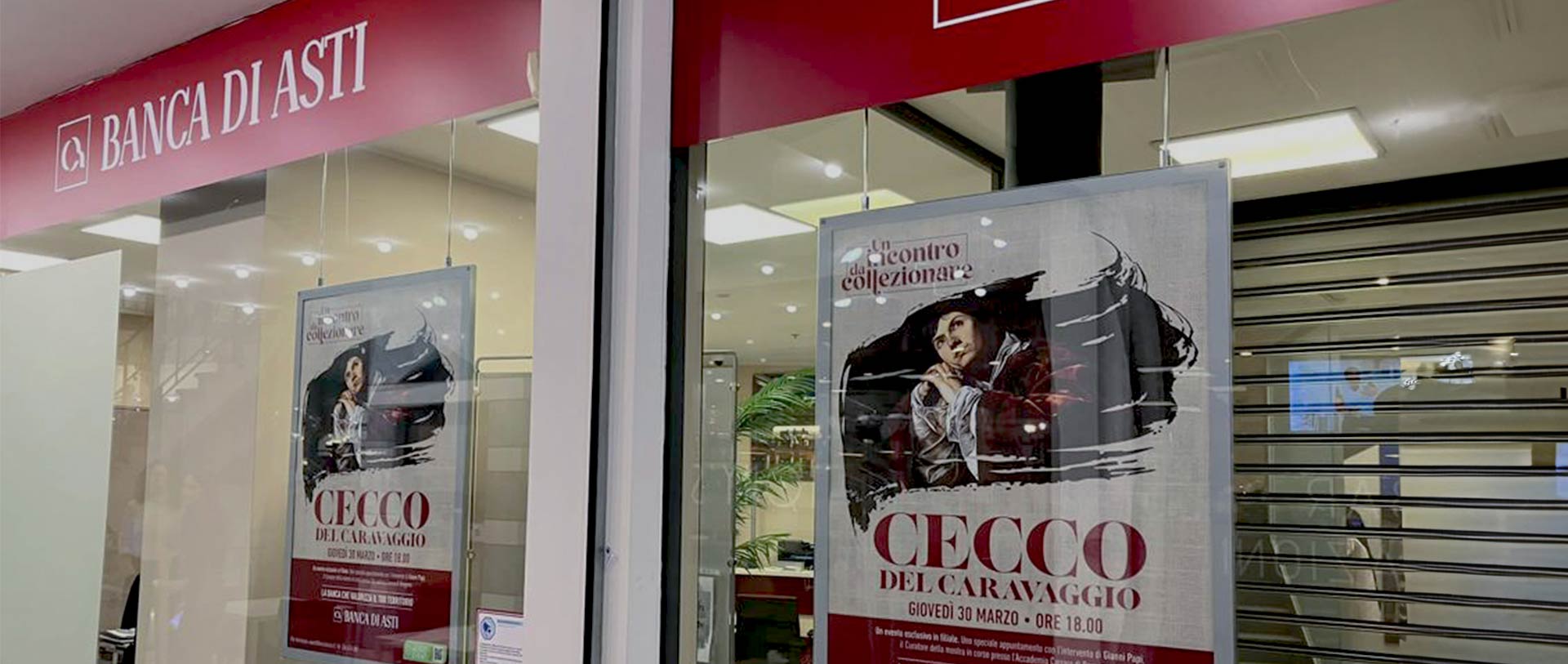 Locandine per la fililale Banca di Asti di Bergamo, roll-up e table talker: i materiali di comunicazione curati da ATC per l'evento Un incontro da collezionare a tema Cecco del Caravaggio con l'intervento di Gianni Papi