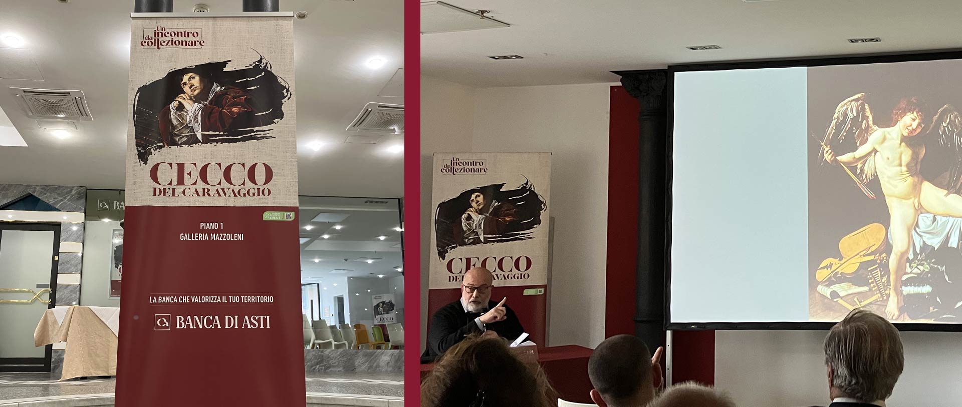 Locandine per la fililale Banca di Asti di Bergamo, roll-up e table talker: i materiali di comunicazione curati da ATC per l'evento Un incontro da collezionare a tema Cecco del Caravaggio con l'intervento di Gianni Papi