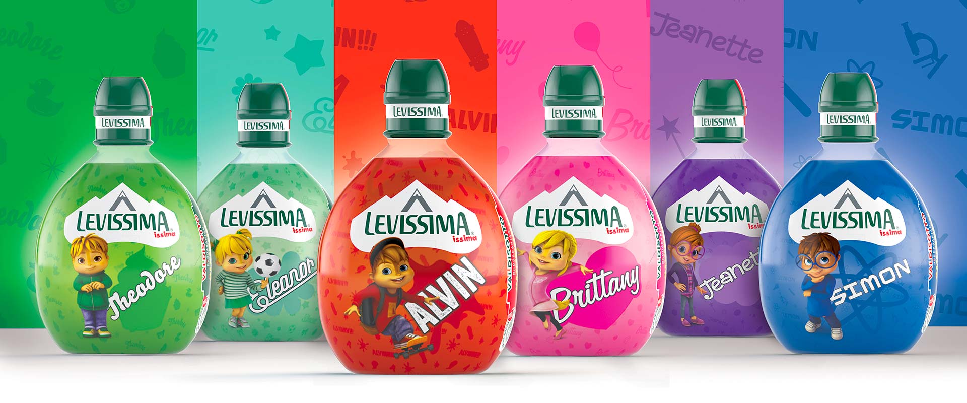 Un carousel dei packaging licensing creati da ATC per Levissima Issima