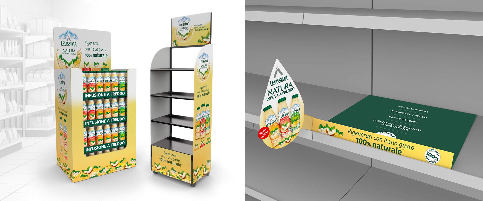 Materiali di ATC per il lancio di Levissima Natura: l’area on-shelf