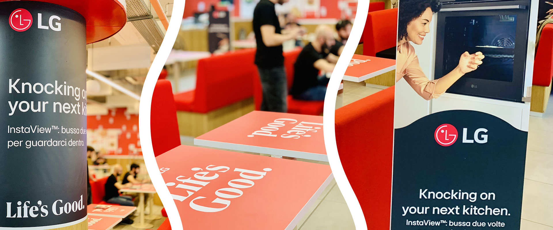 Immagini dei materiali in-store realizzati per LG esposti da Mediaworld firmati ATC