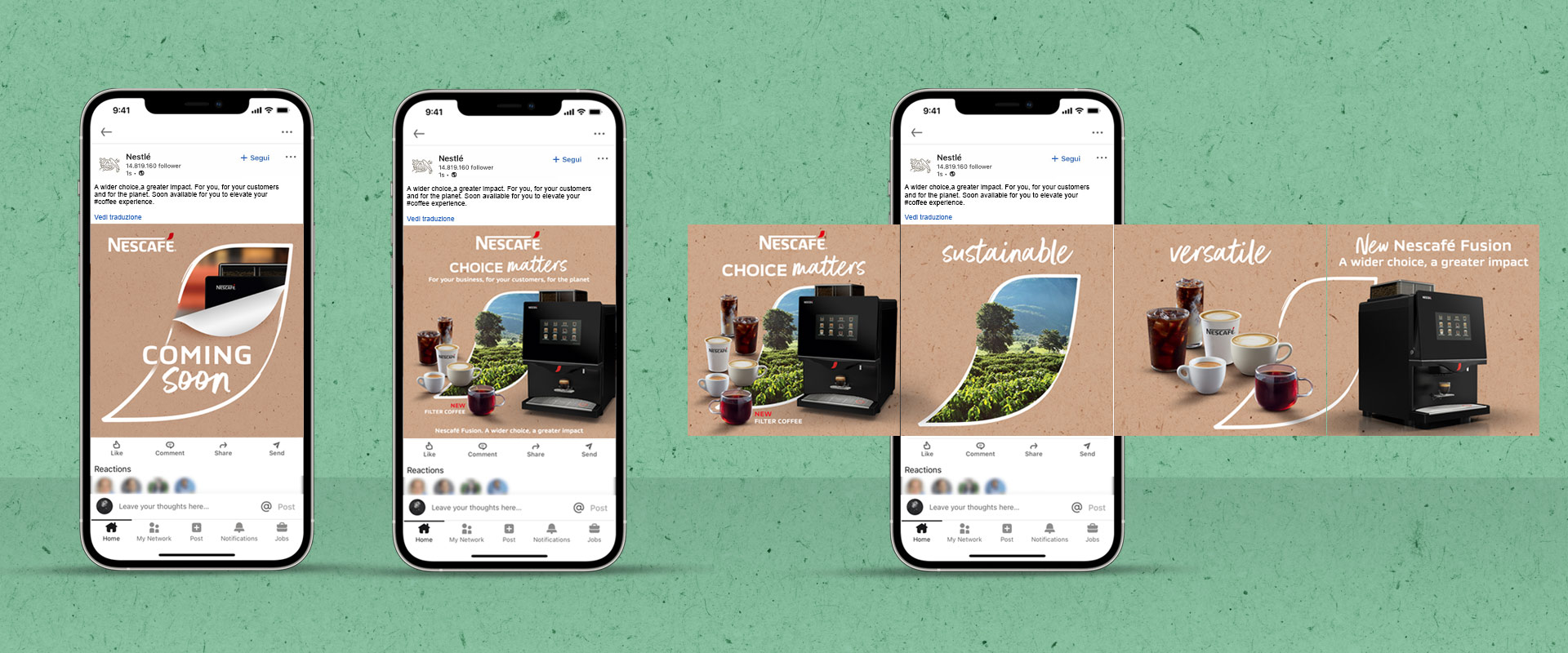 Campagna di post Linkedin social media per Nestlé Professional Nescafé Fusion