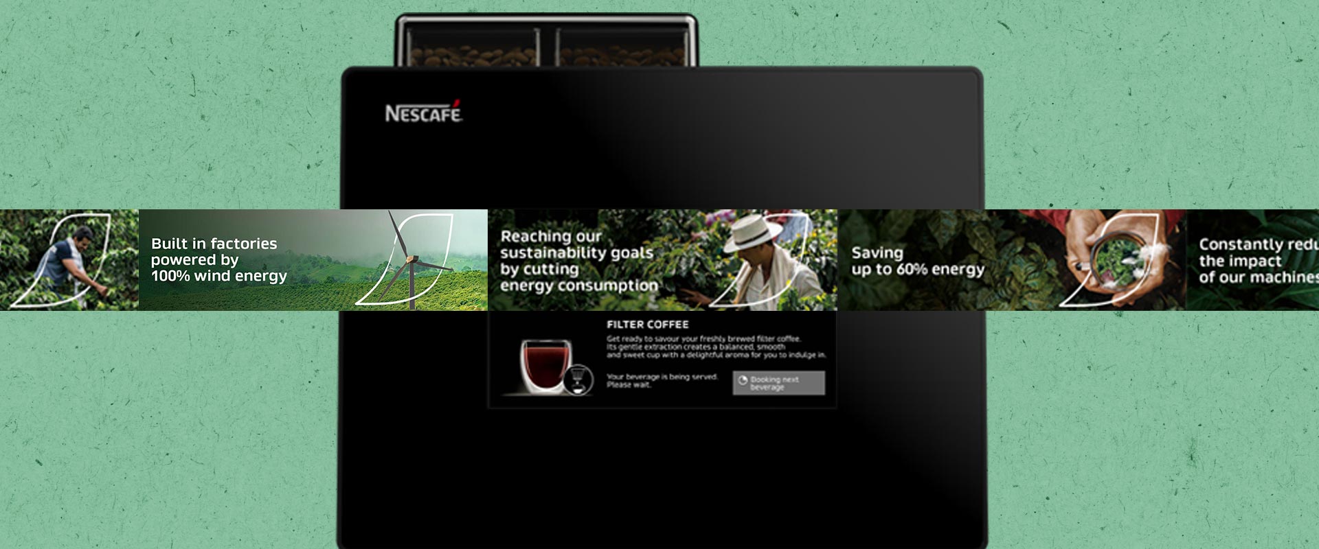 Messaggi su schermo per la sostenibilità per la nuova Nescafé Fusion di Nestlé Professional