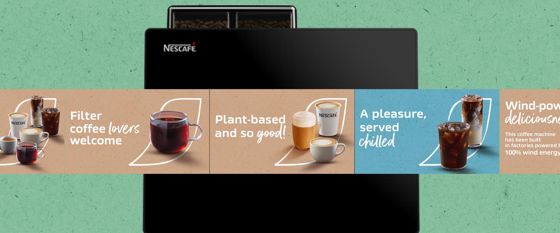 Messaggi su schermo per le nuove bevande della macchina da caffè Nescafé Fusion di Nestlé Professional