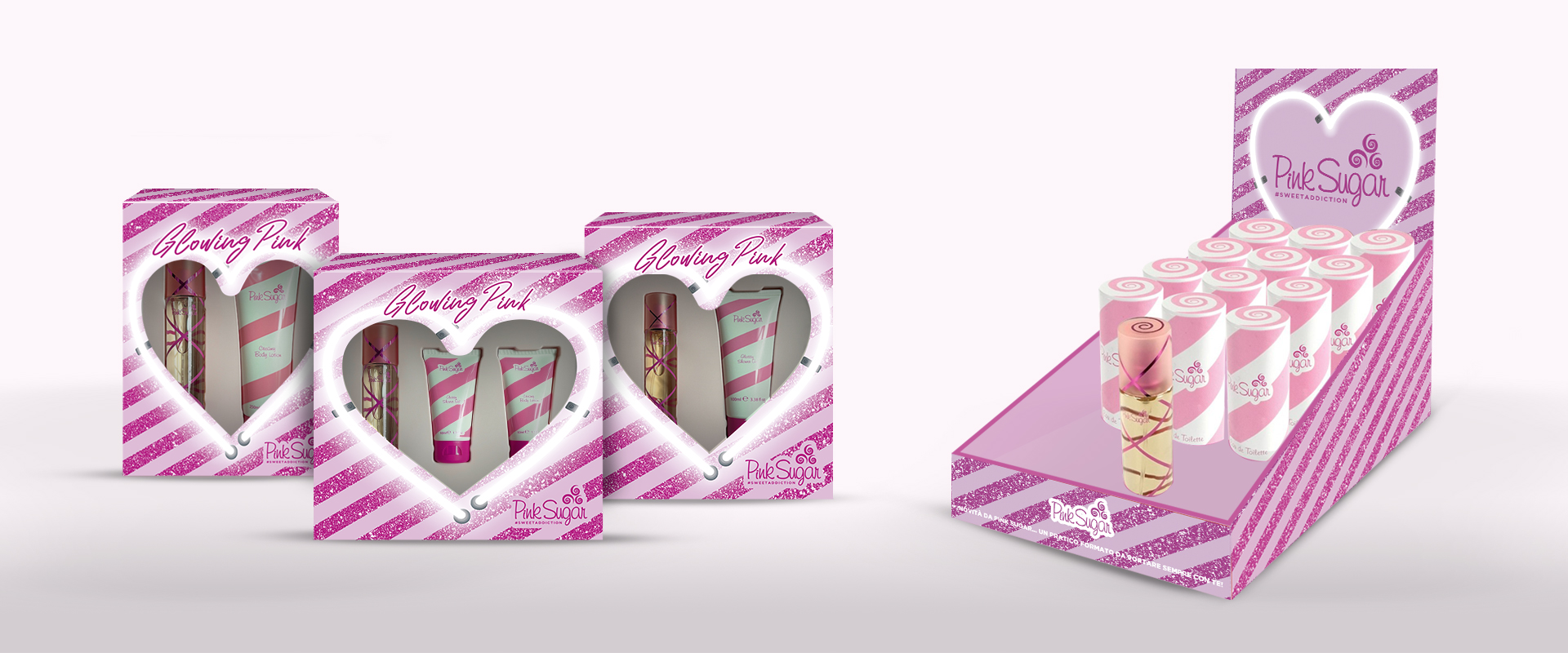Il cofanetto Pink Sugar nei diversi formati e l'espositore da banco