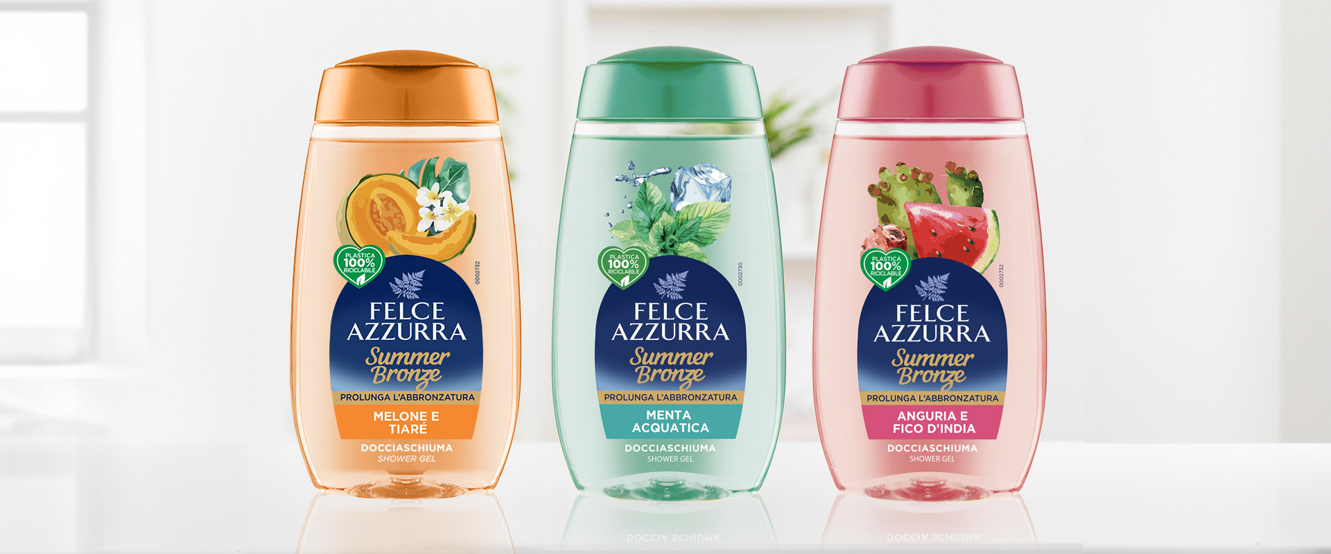 Nuovi packaging docciaschiuma Felce Azzurra Summer Bronze