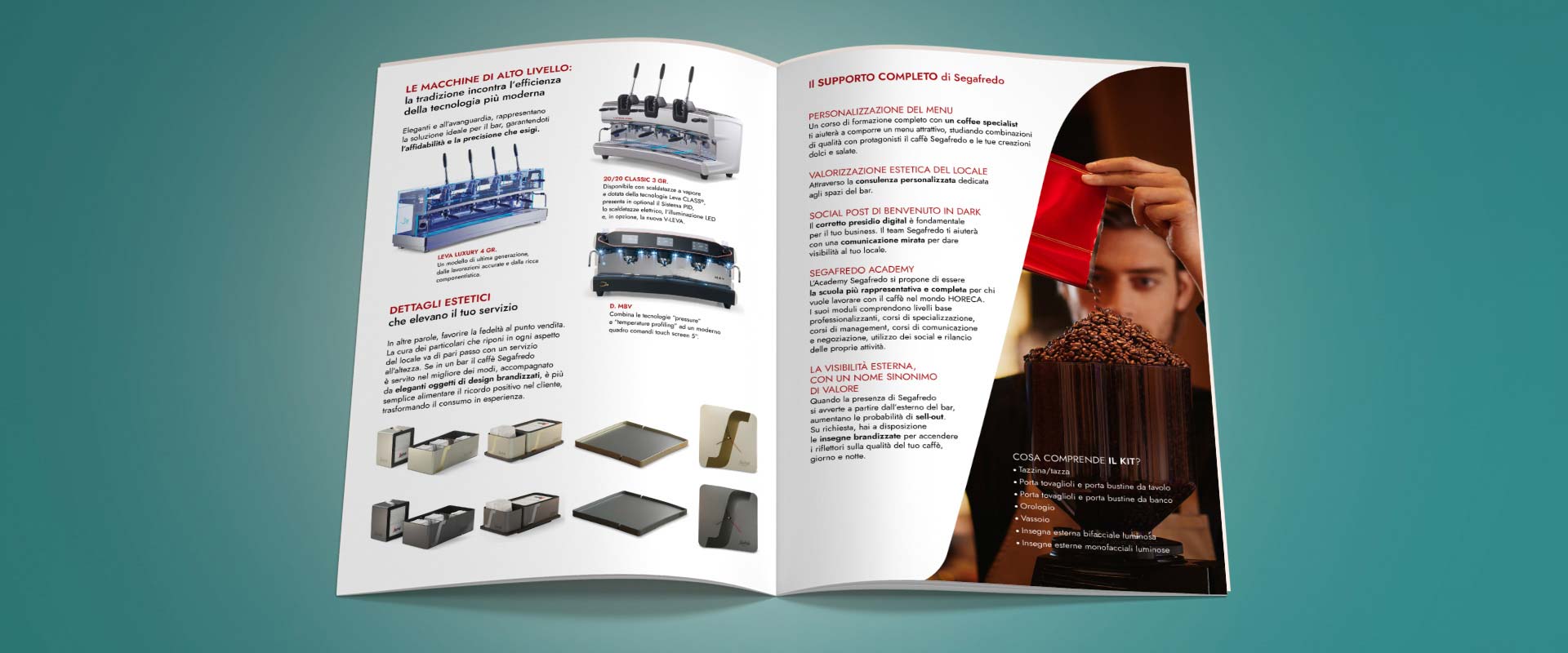Il toolkit cartaceo B2B Segafredo realizzato da ATC per il canale Ho.Re.Ca. include una brochure e i cataloghi per i diversi canali di vendita