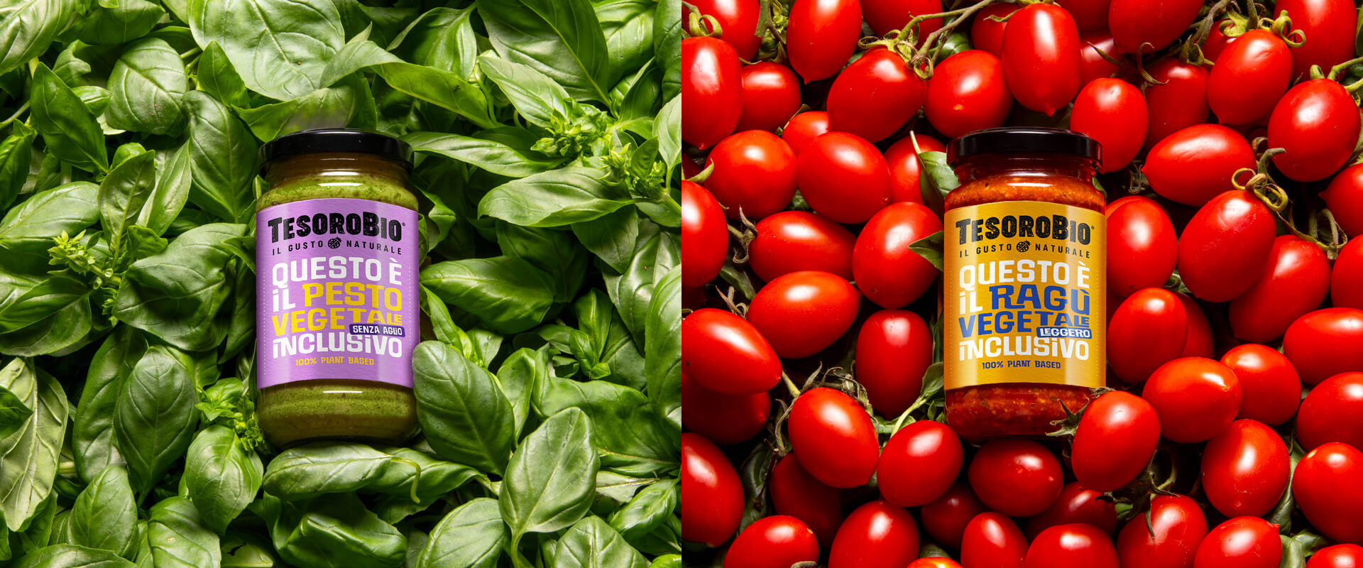 Immagini di gamma dei sughi proteici TesoroBio, un progetto nato da zero per valorizzare la naturalità attraverso colori, ingredienti vegetali e messaggi chiari.