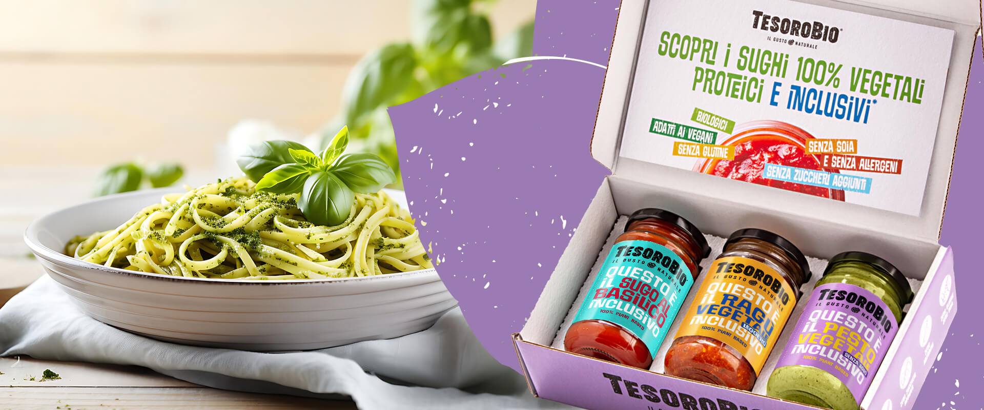 Immagini di gamma dei sughi proteici TesoroBio, un progetto nato da zero per valorizzare la naturalità attraverso colori, ingredienti vegetali e messaggi chiari.